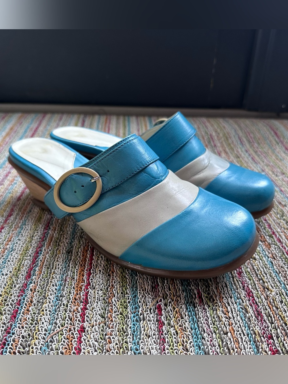 Fluevog VINTAGE EXCELLENT Hopes Believe blue/gray mules w/ buckle- 9 (fits 8.5)